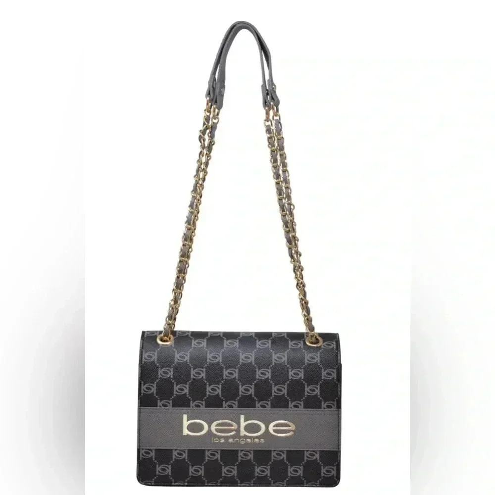 Bebe Serena Black And Gold Monogram Flap Shoulder Bag NWTS